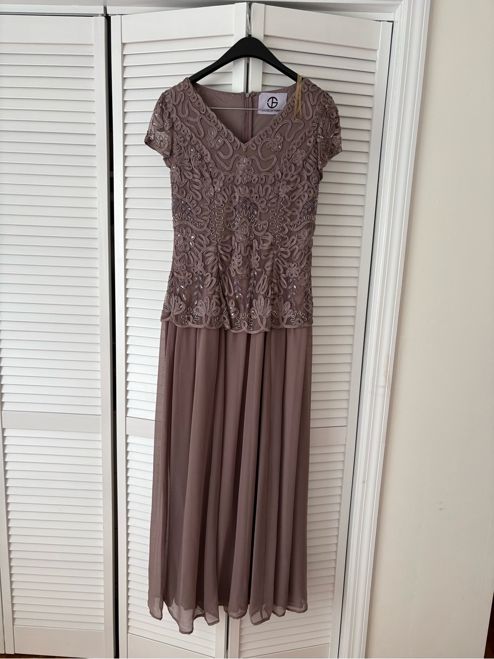 Mother of the Bride Gorgeous Lace Overlay Evening Dress - Taupe